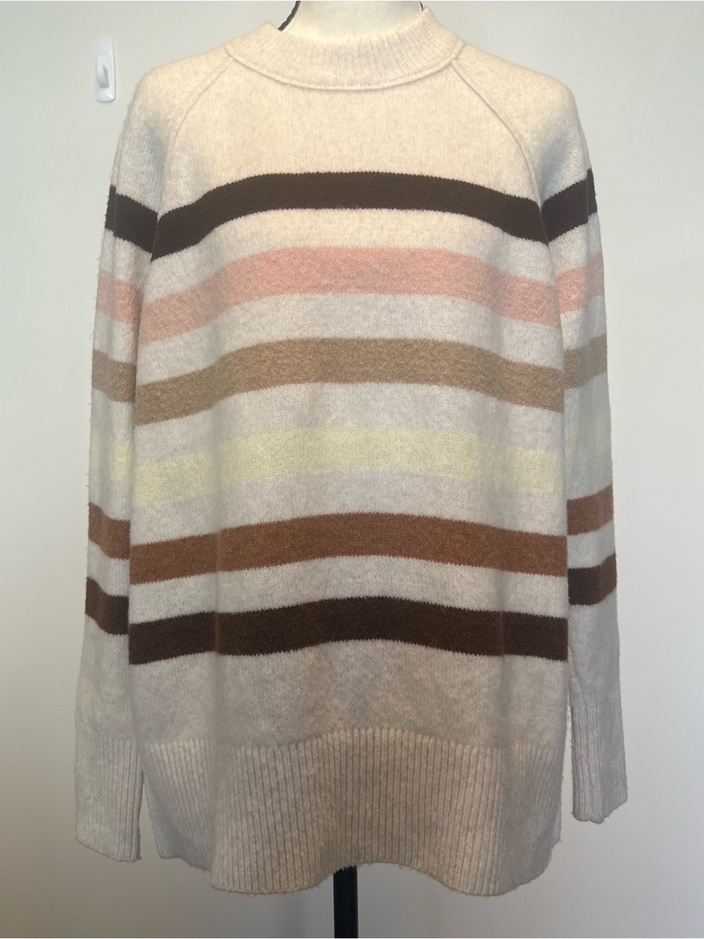 aerie Cream Striped Cowl-Neck Sweater with Pastel Accents | Oversized